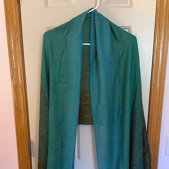 Green, Blue and Gold Paisley Wrap with Fringe - Picture 1 of 5